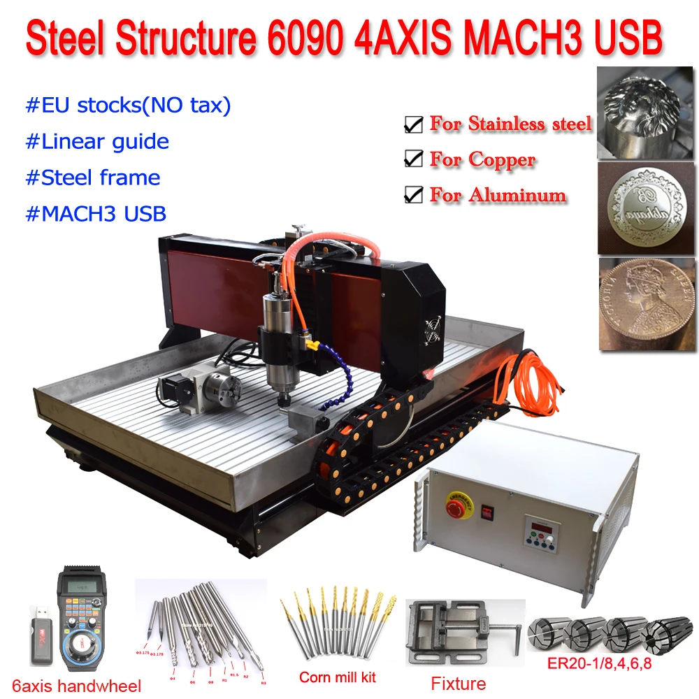 Нефритовый станок с ЧПУ 6090 кВт 4 оси маршрутизатор Mach3 USB CNC Стальной каркас