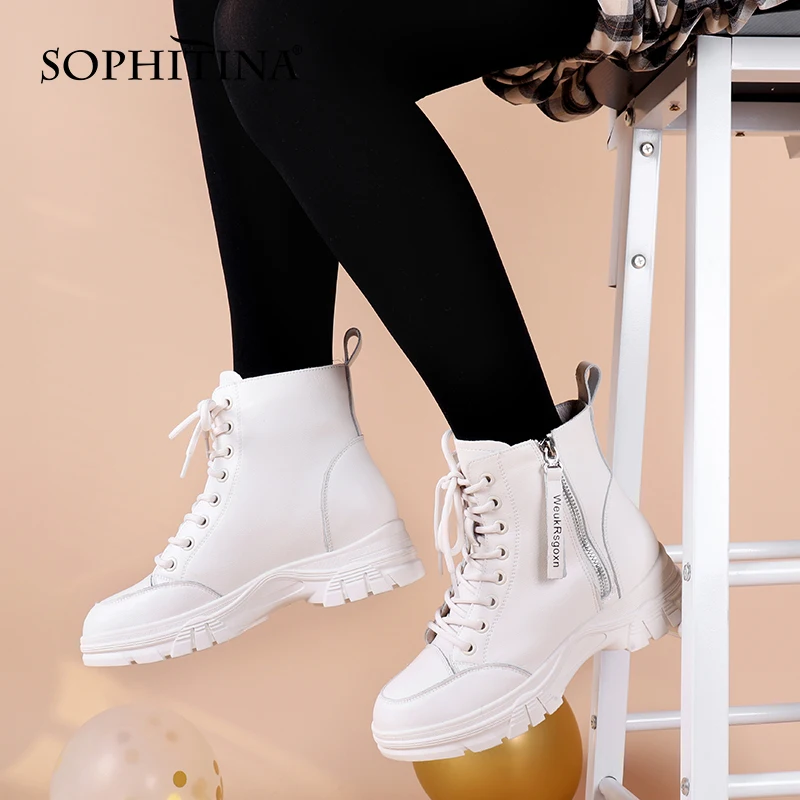 SOPHITINA Women's Shoes Leisure Sport Genuine Leather White Ankle Boots Round Toe Zipper Lace-Up Comfortable Women Boots WZ02