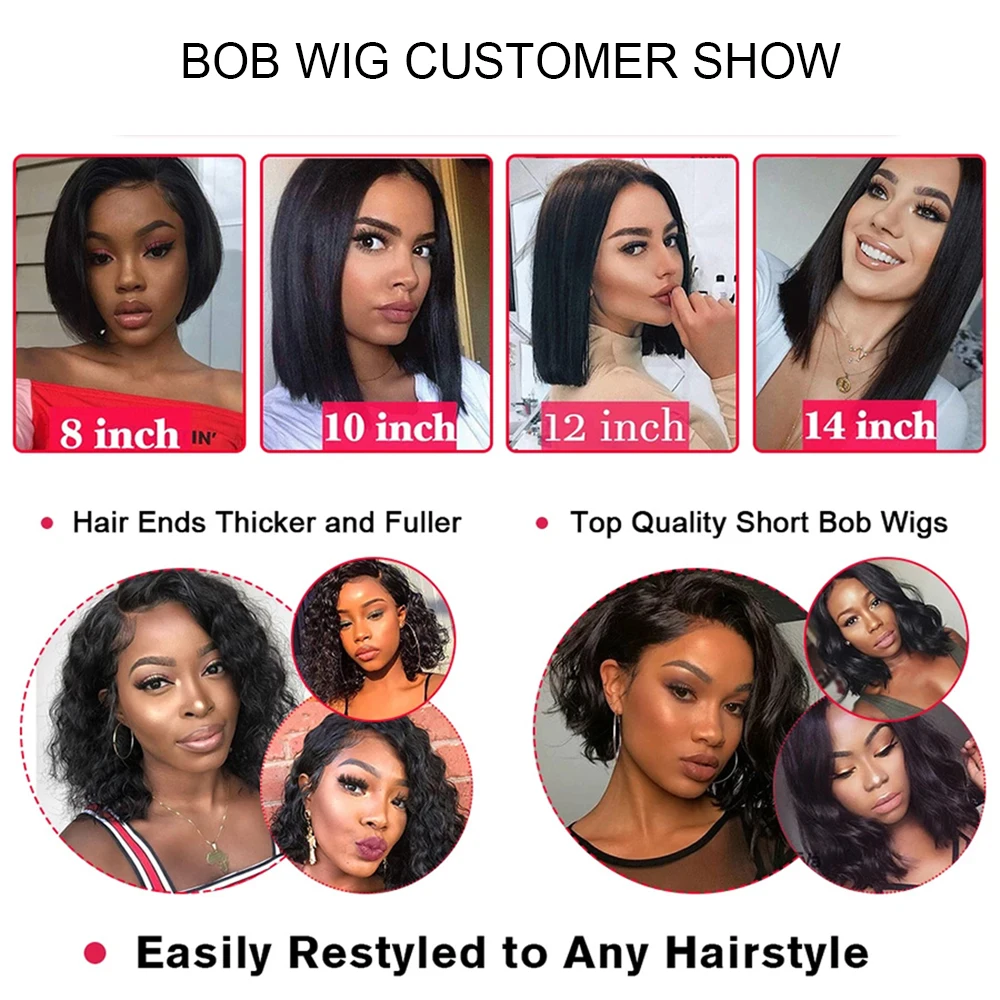 Peruvian 13*1 lace frontal wig straight short bob human hair wig for black women 150% density Middle part 8 10 12 14inch remy