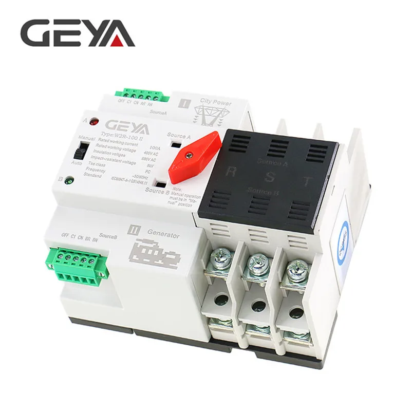 GEYA Din Rail ATS 110V 220V 3P 63A 100A ATSE двойной Мощность автоматического включения резерва 50/60Hz ПК Класс автоматический или ручной выбор