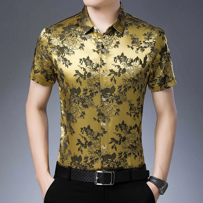2021 Summer Men's Silk Dress Shirt Fashion Floral Clothes Male Soft