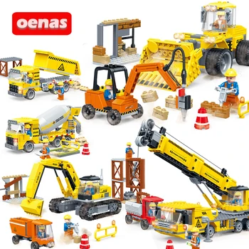 

City Engineering Dumper Mixer truck Crane Excavator Bulldozer Vehicle assembled Model Building Block Bricks kids toys boy gift