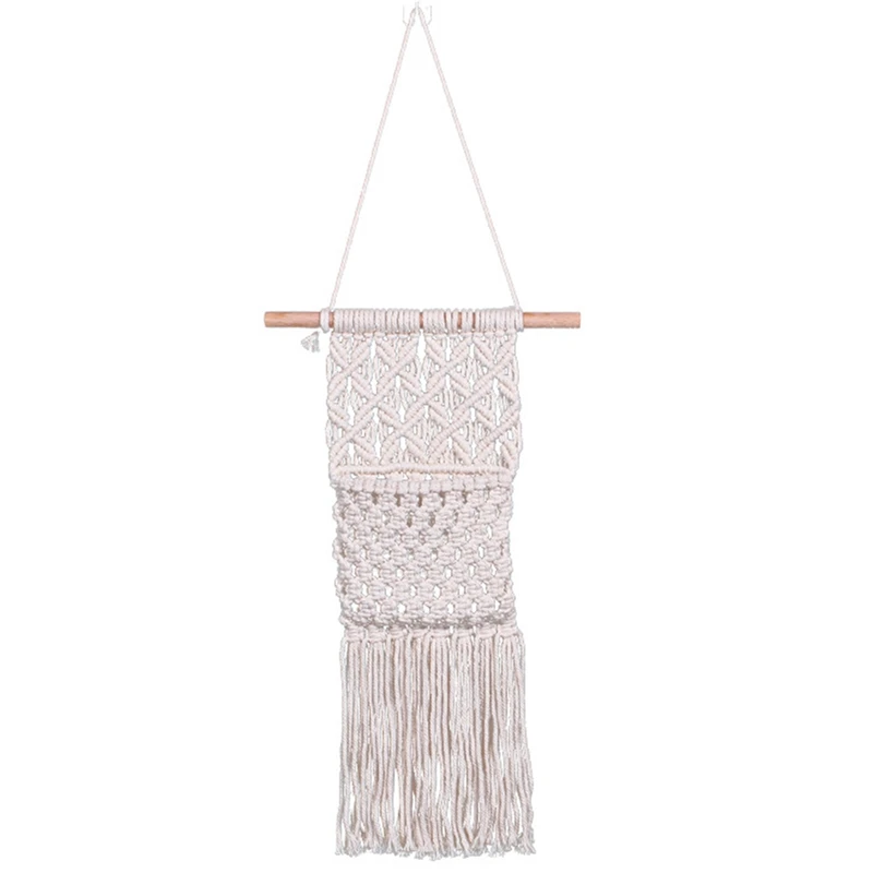 

Macrame Wall Hanging with Storage Pocket, Bohemian Style Book Flowers Storage Key Organizer Mail Holder Cotton Woven