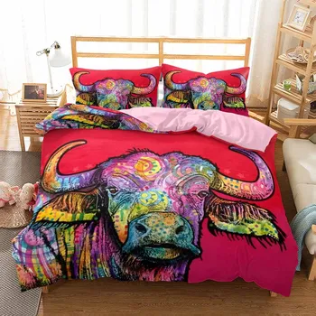 

Water-color Cow Bull Head Horns Totem Bedroom Decor Bedding Set Red Background Microfiber 1PC Duvet Cover with Pillowcases