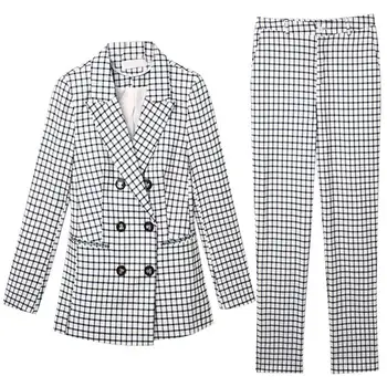 

2020 Ladies Fashion Suit Two-piece Set] Women's New Korean Plaid Small Suit Jacket + White Plaid Suit