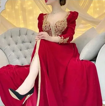 

New coming Moroccan Kaftan Evening Dresses Embroidery Lace Appliques Long Evening Gown Cafutan red dresses Arabic Party Gowns
