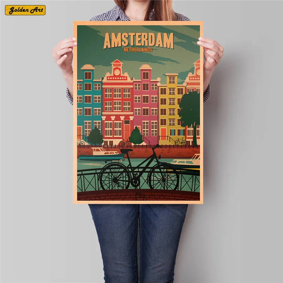 

Amsterdam Building Poster Wall Art Sticker Vintage Kraft Paper Cafe Pub Bar Hotel Decor Hand Painted Landscape Picture 42x30cm