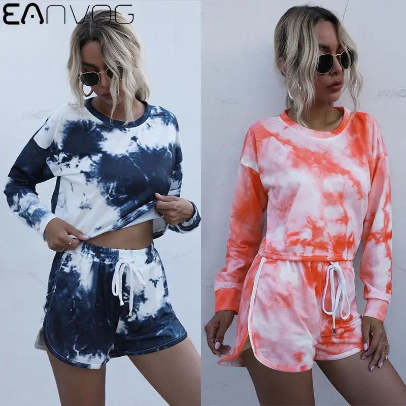 

Tie-dye Printing Two Piece Set Fashion Spring Autumn Loose Long Sleeve Sweatshirt And Short Pant Suit Female Casual Tracksuit