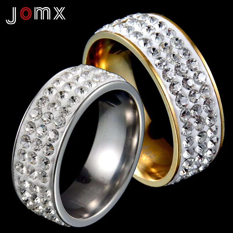 

Jomx Stainless Steel 3 Rows Cubic Zircon Stone Rings for Women Engagement Rings Jewelry Wedding Ring Classic Gold Silver Gift