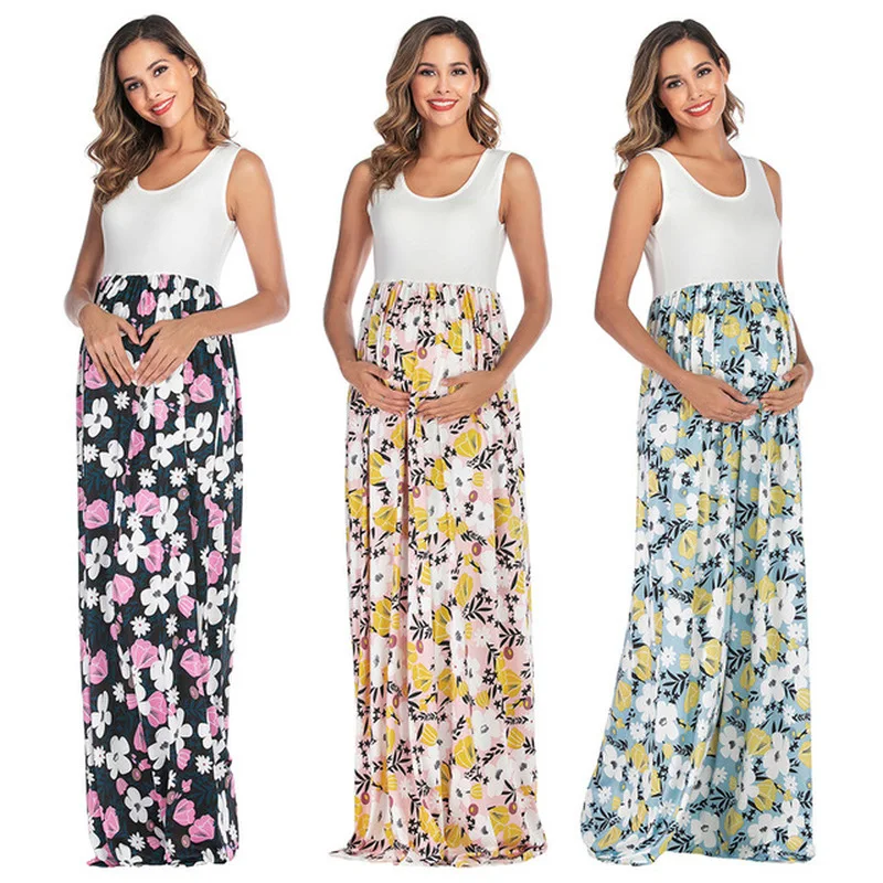 

2019 Hot Sale Sleeveless Mopping Long Dress Print Splice Casual Pregnancy Dress Boat Neck Casual Fashion Maternity Dresses