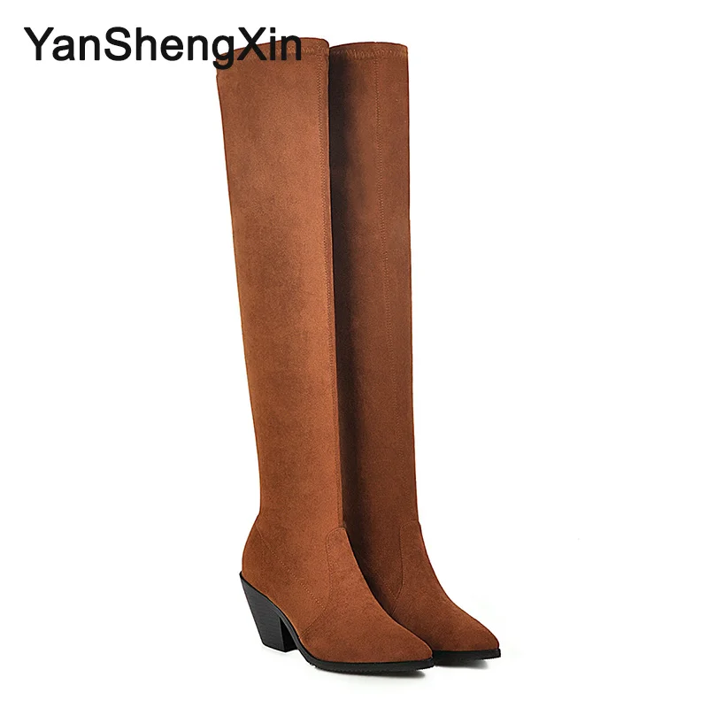 YANSHENGXIN обувь женские ботинки пикантные Женские Сапоги выше колена на высоком каблуке с натуральным мехом ботинки осень-зима обувь с острым носком