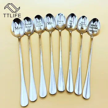 

TTLIFE New Good Morning Beautiful/Handsome Couples Spoon Long Handle Coffee Tea Ice Cream Tableware Valentine New Year Household