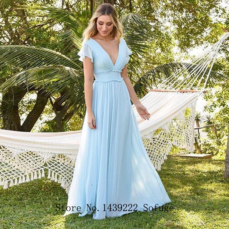 

Baby BlueChiffon V Neck Pleat Evening Dresses Prom Backless Party Dress Cheap Vestidos De Fiesta Robe De Soiree Plus