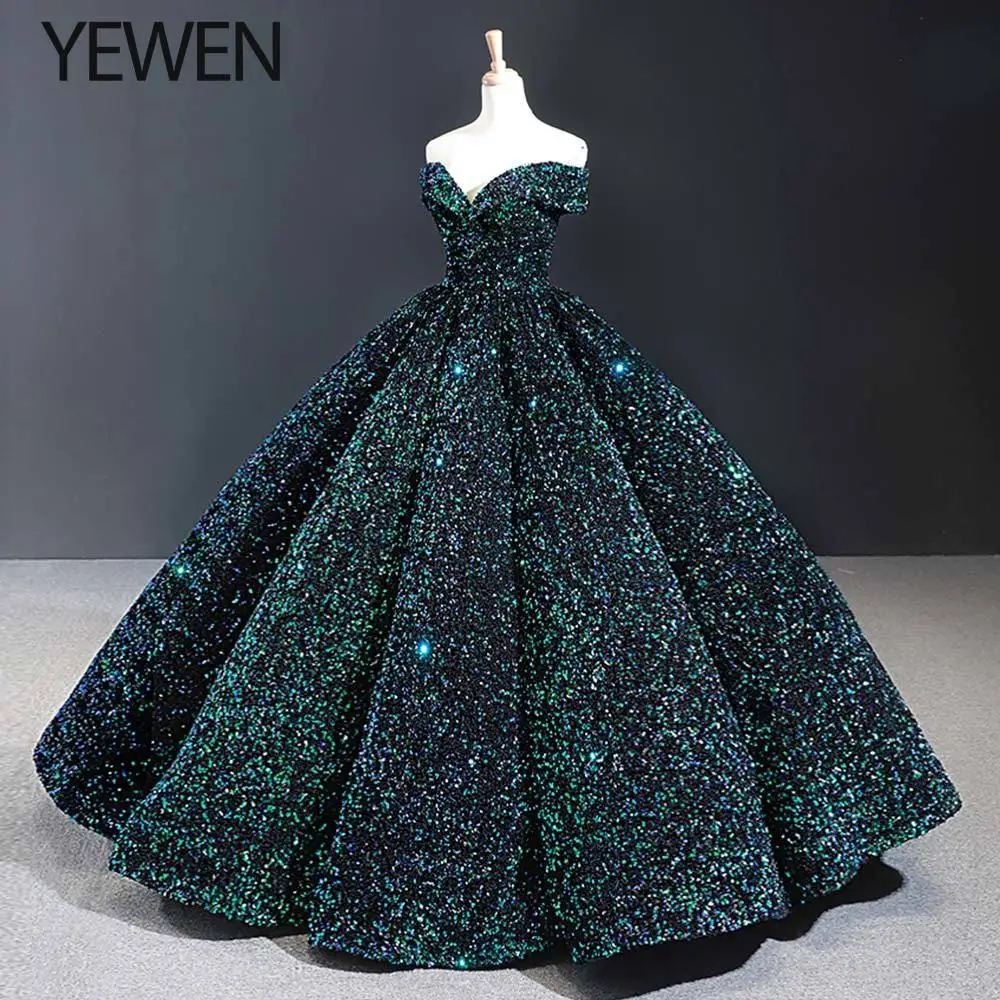 Зеленое вечернее платье с блестками, вечерние платья, с открытыми плечами, с v-образным вырезом, официальное вечернее платье, длинное vestidos de fiesta YeWen