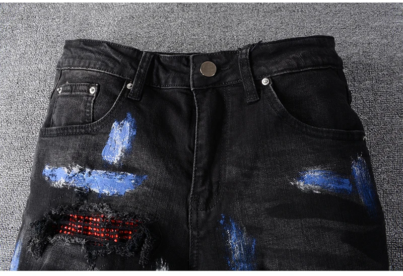 Sokotoo Men's crystal blue painted black jeans Fashion slim skinny rhinestone holes ripped patchwork stretch denim pants