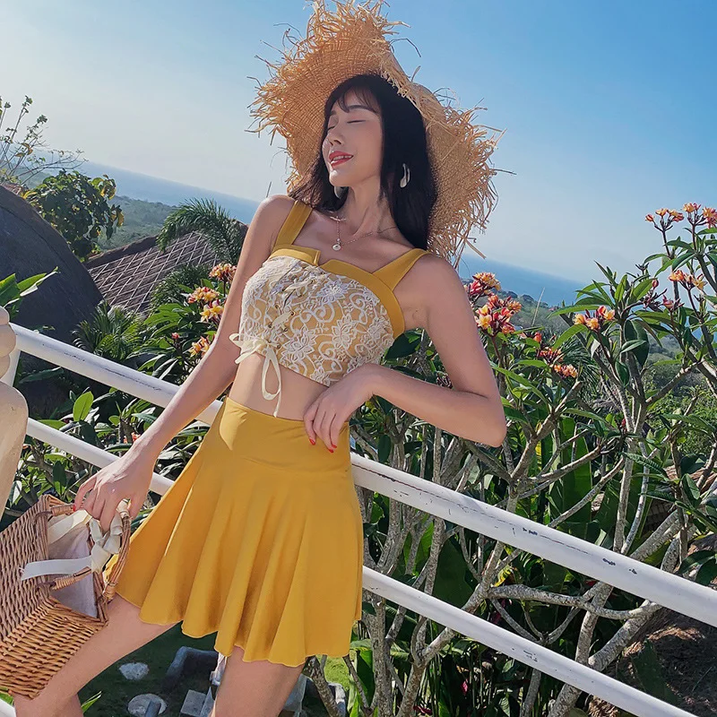 

Women's Swimsuit Swimwear Swimming Suit 2020 Deuce Two Piece Bikini New Fan Korea Ins Web Celebrity Lace Skirt Polyester Dot