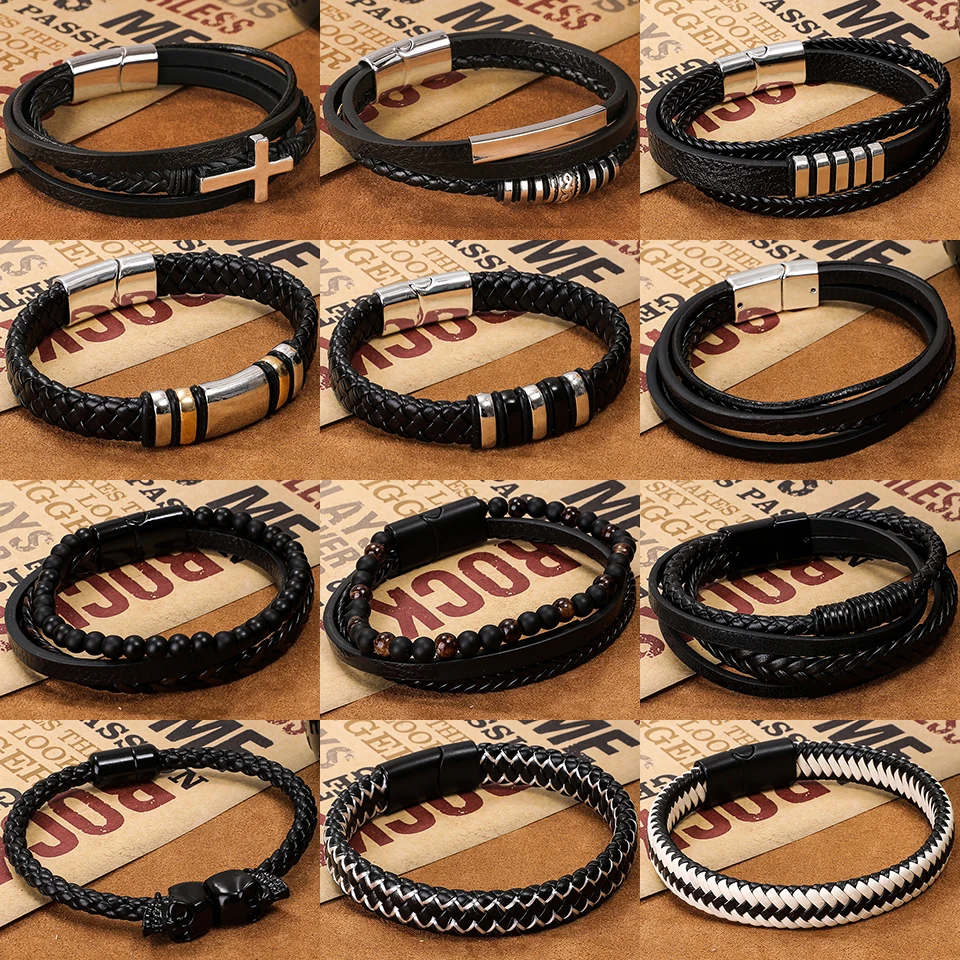 Moda Simple Piedras naturales Cuentas Pulsera de cuero tejida hecha a mano Hombres Hoja de metal Cruz Cráneo Imán Hebilla Pulseras Brazaletes Joyería Regalos Accesorios Venta al por mayor Dropshipping