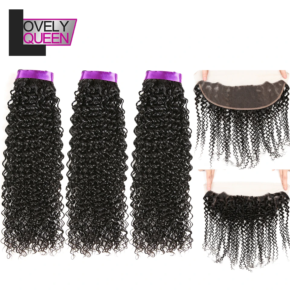 

Brazilian Curly Bundles with Frontal Curly Hair 3 Bundles Human Hair Bundles with Lace Frontal Curly 8-28 Inch 100% Real Human Non Remy Natural Color