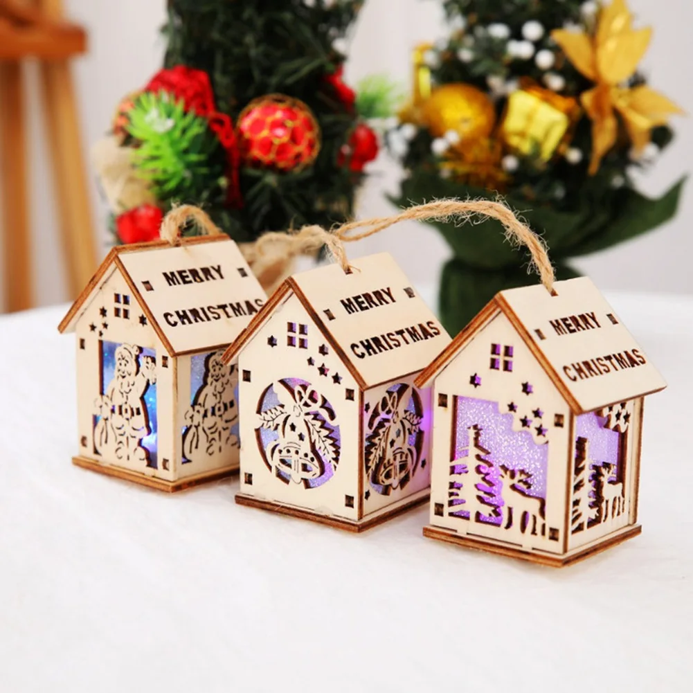 Christmas Santa Claus Snowman LED Light Wooden House Hanging Ornaments Desktop Festival Decor Xmas Gift Wedding Navidad