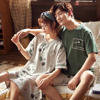 

Plus size M-3XL couple pajamas set summer cute cartoon men's pajamas short-sleeved ladies night cotton home service