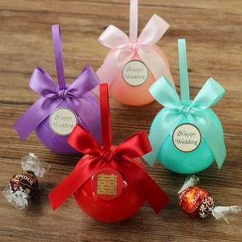 

20 pcs / lot 7.2cm Fillable Plastic Round Ball Candy Box wedding gift box Paper bag Ribbon Bow Candy Gift Box party Supplies