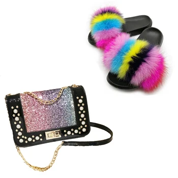 

Women Wild Bag Fashion Chain Bag Fur Slides Cute Furry Slippers Elegant Party Set Lady Pearl Bag Fox Fur Sandals Luxury Shoes