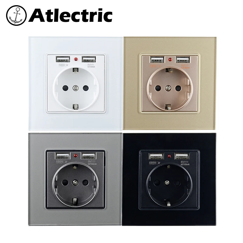 Atlectric стеклянная панель настенная розетка заземленная 16A стандарт ЕС электрическая розетка с 2100mA двойной USB порт зарядного устройства для мобильного телефона переходник usb розетка с usb розетки разетка с usb