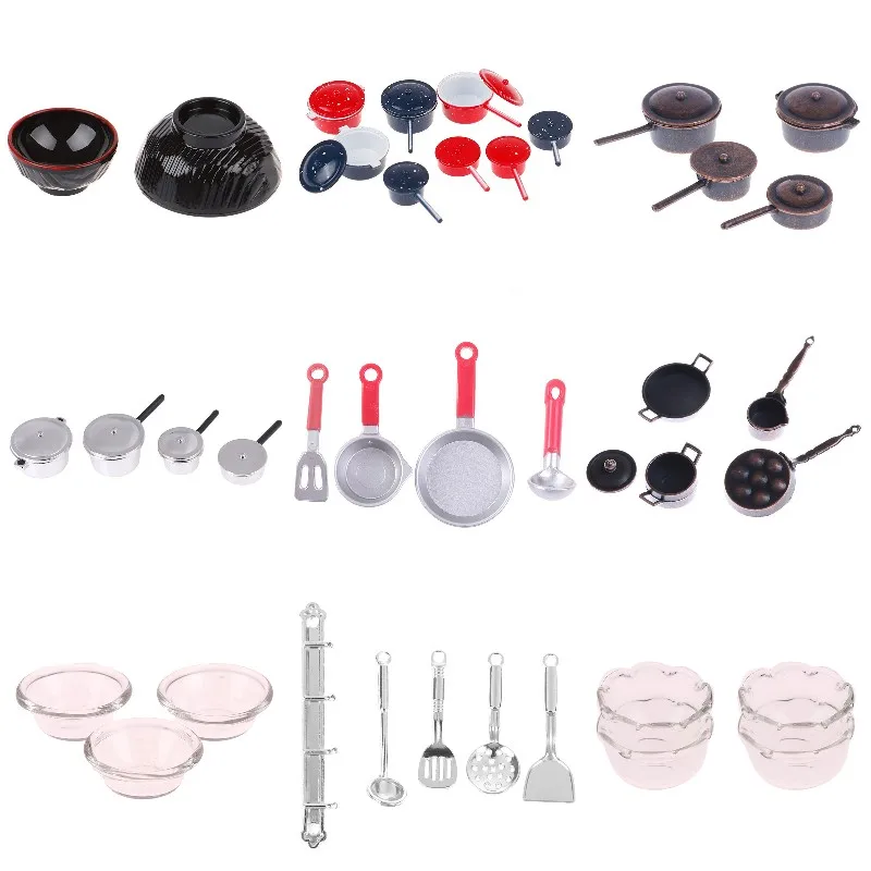 

1 Set 1:12 Dollhouse Miniature Cooking Pot Frying Pan Pot Milk Pot Set Bowl Dish Tableware Cookware Tools Kitchen Dining Deco