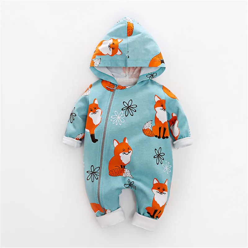 Baby Rompers Clothes Casual Hooded Long Sleeve Newborn Boys Girls Jumpsuits Outfits Cute Fox Infant Bebes Overalls 0-24months