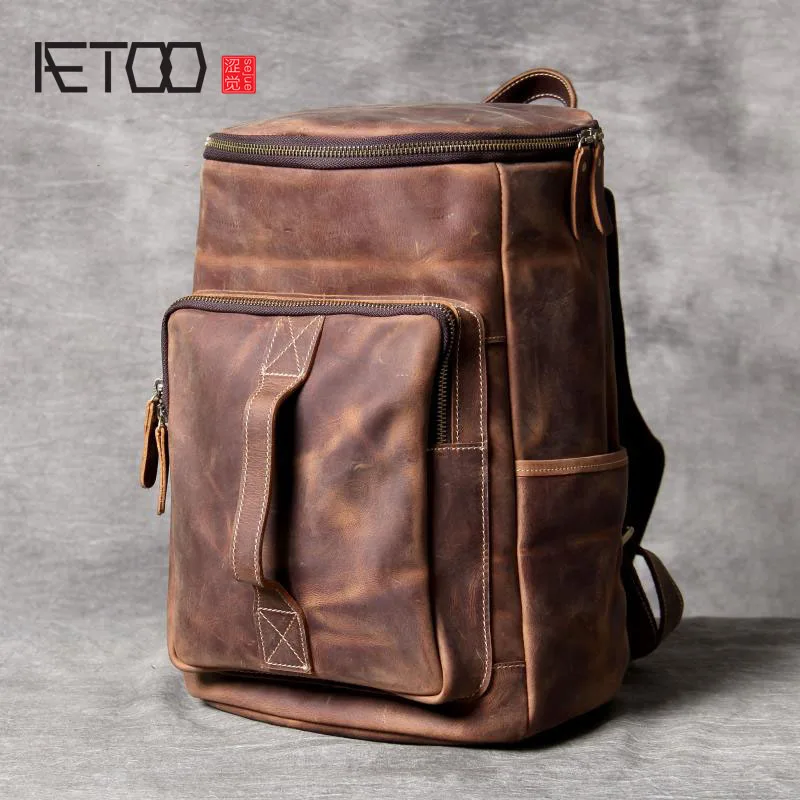 

BJYL Simple wild shoulder bag header leather retro leather backpack male original manual large-capacity bucket bag travel bag