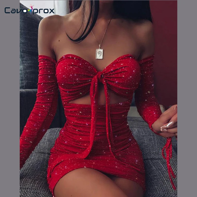 Женское платье с длинным рукавом и открытыми плечами, сексуальное блестящее короткое платье, вечерние платья для ночного клуба - Цвет: Красный