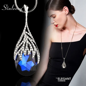 

SINLEERY Fashion Waterdrop Shaped Big Pendant Necklace With Blue Cubic Zirconia Jewelry For Women Clothes Accessories MY117 SSO