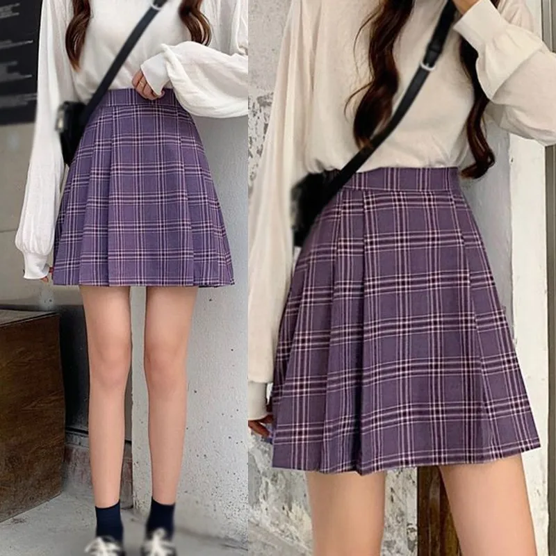 Mini Skirts Korean A-Line Chic Summer Fashion Purple Plaid Casual Student