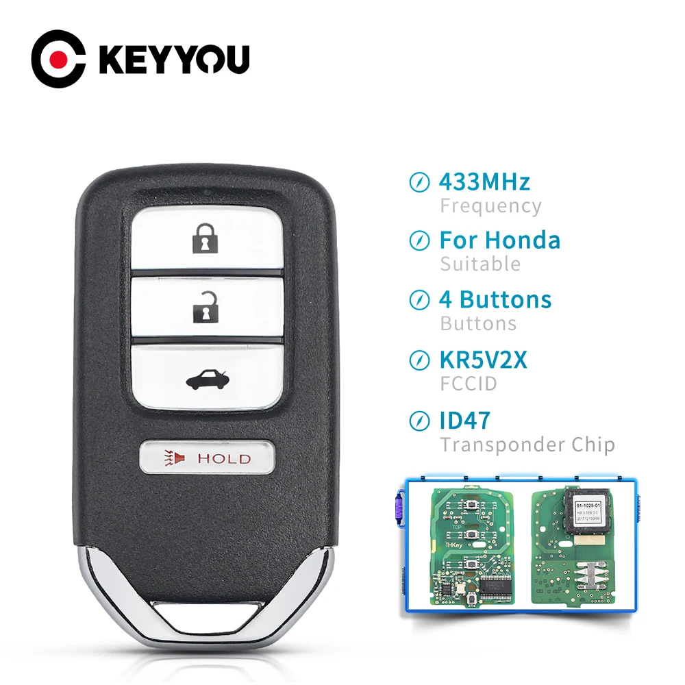 KEYYOU 2016 2017 2018 2019 Fob dla HONDA CIVIC EX LX DX FCC ID: KR5V2X 433Mhz ID47 Chip inteligentny zdalny kluczyk 4 przyciski