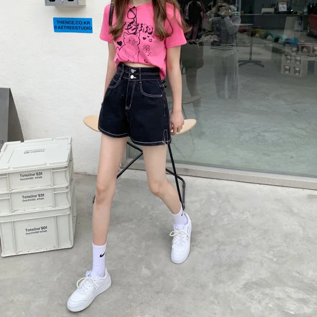 Women Shorts Side-slit Empire Retro Design Straight Denim Trousers Button Summer High Quality All-match Ulzzang Fashion Students 6