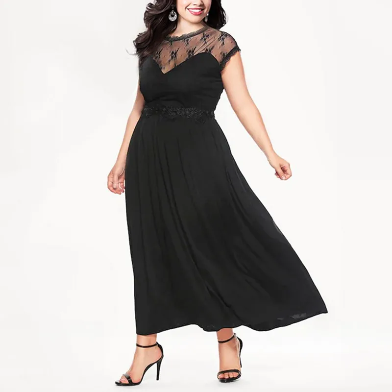 Mesh Long Black Dresses Women Short Sleeve Evening Party Maxi Dress Lace Big Size Fat MM Vintage Transparency New Women Clothing