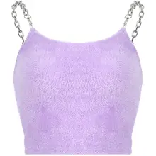 Сексуальная модная женская летняя повседневная майка без рукавов с плюшевой подкладкой, майка без рукавов с меховой металлической цепочкой, укороченный топ фиолетового цвета