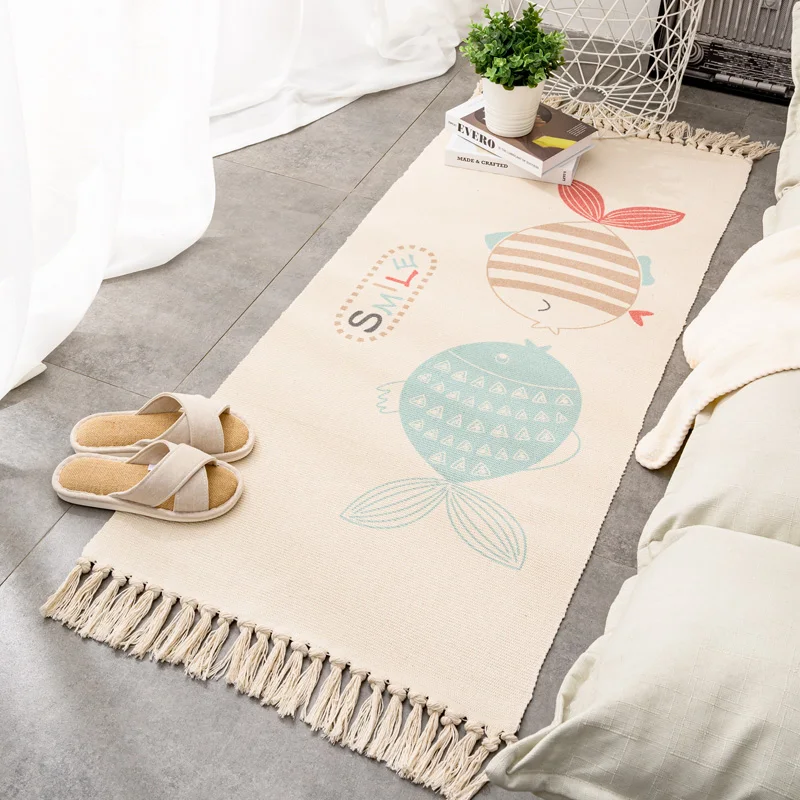 Nordic Fashion Cotton Linen Carpet Woven Long Rugs Bedroom Bedside Door Mat Bohemia Ethnic Tassel Carpet Living Room Big Rugs 2