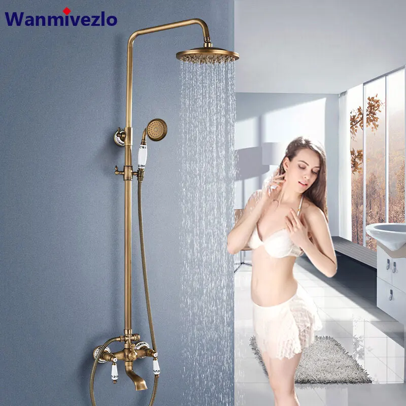 

Antique Brass Shower Faucets Set Rainfall Shower Handshower Commodity Shelf Dual Handle Mixer Tap Swivel Tub Spout Bath Shower