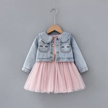 

Girls Clothes Set Kids Princess 2020 Spring Children Baby Infants Long Sleeve Dress+Cartoon Jeans Coats Outwear 2pcs S10692