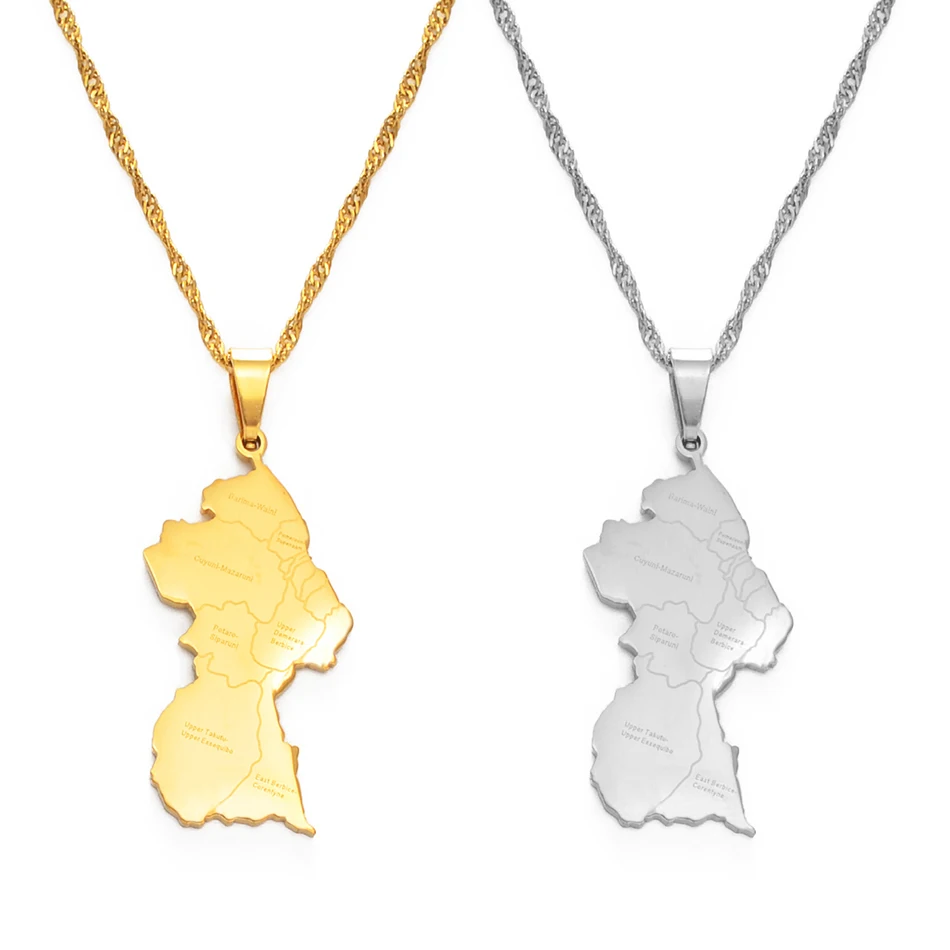 Guyana Map Pendant Necklace - Gold Color Stainless Steel Republic Of Guyana Jewelry