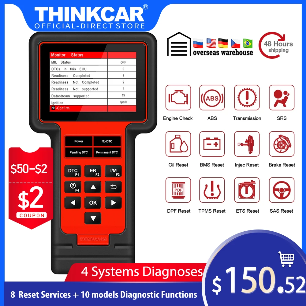 Диагностический сканер Thinkcar TS609 OBD2 ECM TCM ABS SRS система с масляным тормозом TPMS SAS ETS Injec BMS DPF Сброс бесплатное