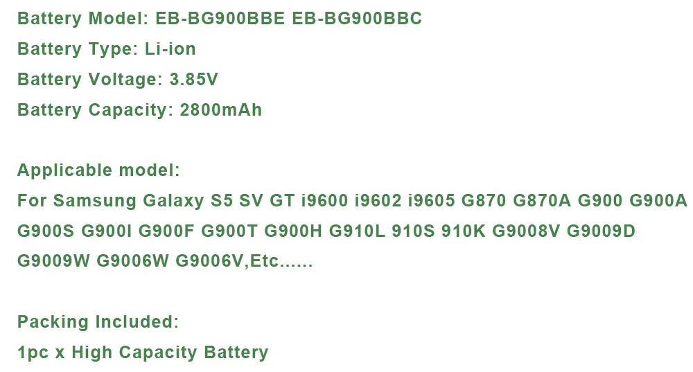 EB-BG900BBE Battery For SAMSUNG Galaxy S5 SV GT i9600 i9602 i9605 G870A G900 G910L G9008V G9009D G9006W V K EB-BG900BBC battery