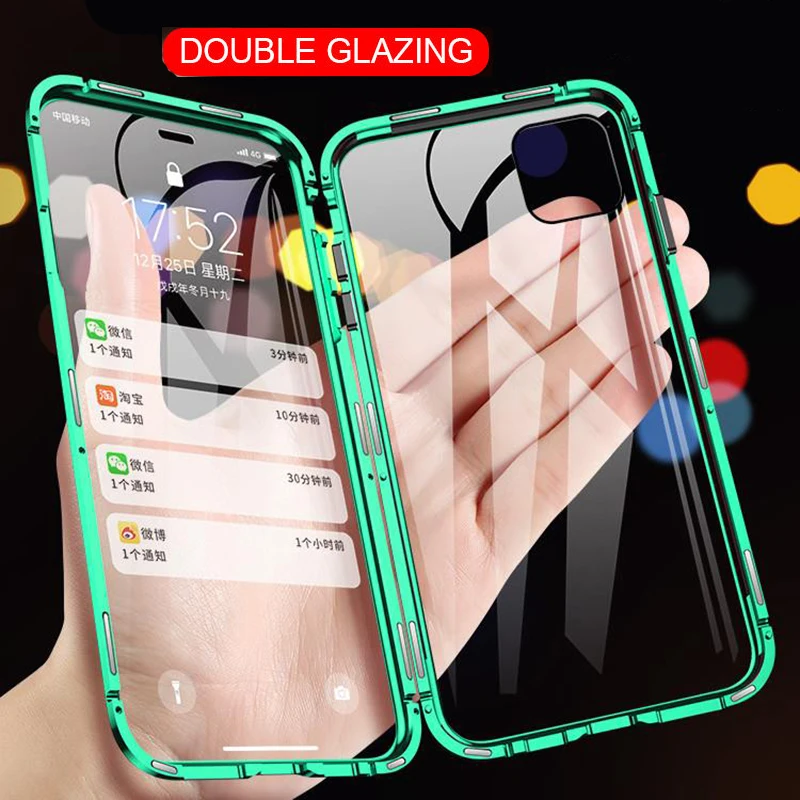360 Metal Magnetic Phone Case For iPhone 12 11 Pro Max XR X XS 6 6S 7 8 Plus Double Side Tempered Glass Cover | Мобильные телефоны