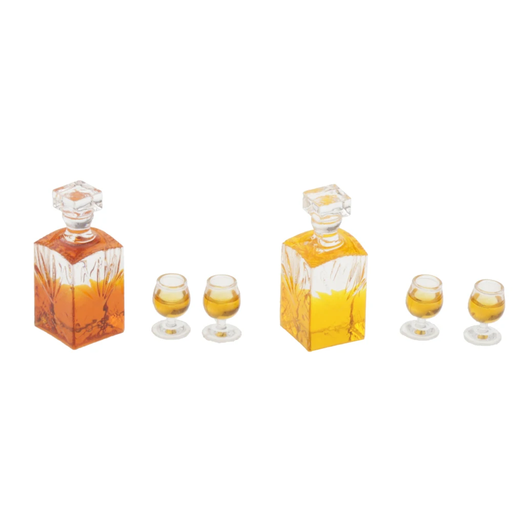 6pcs 1:12 Miniature Whisky Bottles Model Dollhouse Foods Groceries Kitchen Fairy Garden Decorations with Cups Pub Bar Model Toys
