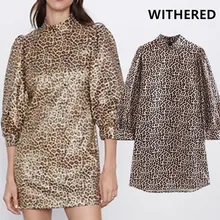 Увядшее платье в английском стиле с животным леопардовым принтом, с пышными рукавами, для вечеринок, женское платье, vestidos de fiesta de noche, мини-платье vestidos для женщин