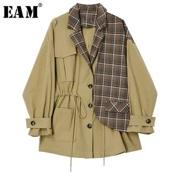

[EAM] Loose Fit Khaki Plaid Split Drawstring Big Size Jacket New Lapel Long Sleeve Women Coat Fashion Tide Spring 2020 1T024