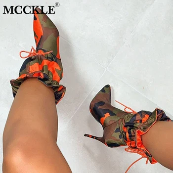 

MCCKLE Spring/Autumn New High Heels Stilettos Fashion Camouflage Ankle Boots Shoes Woman Lace Up Sexy Night Club Boots Chic