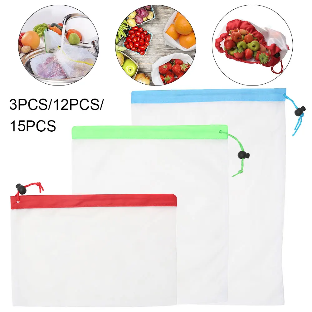 

3 Sizes 3/12/15pcs Reusable Mesh Produce Bag Washable Eco-Friendly Bags For Grocery Bag Fruit Vegetable Fruit Organizer Pouch