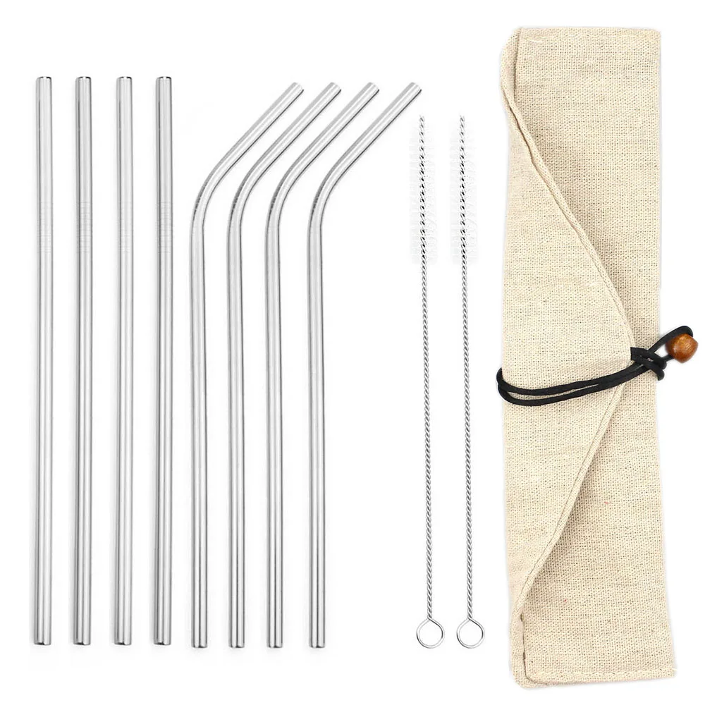 

215*12mm Reusable Metal Drinking Straws 304 Stainless Steel Curved Straigh Straw Kits Storage With Pouch Bag Bar Party Accessory